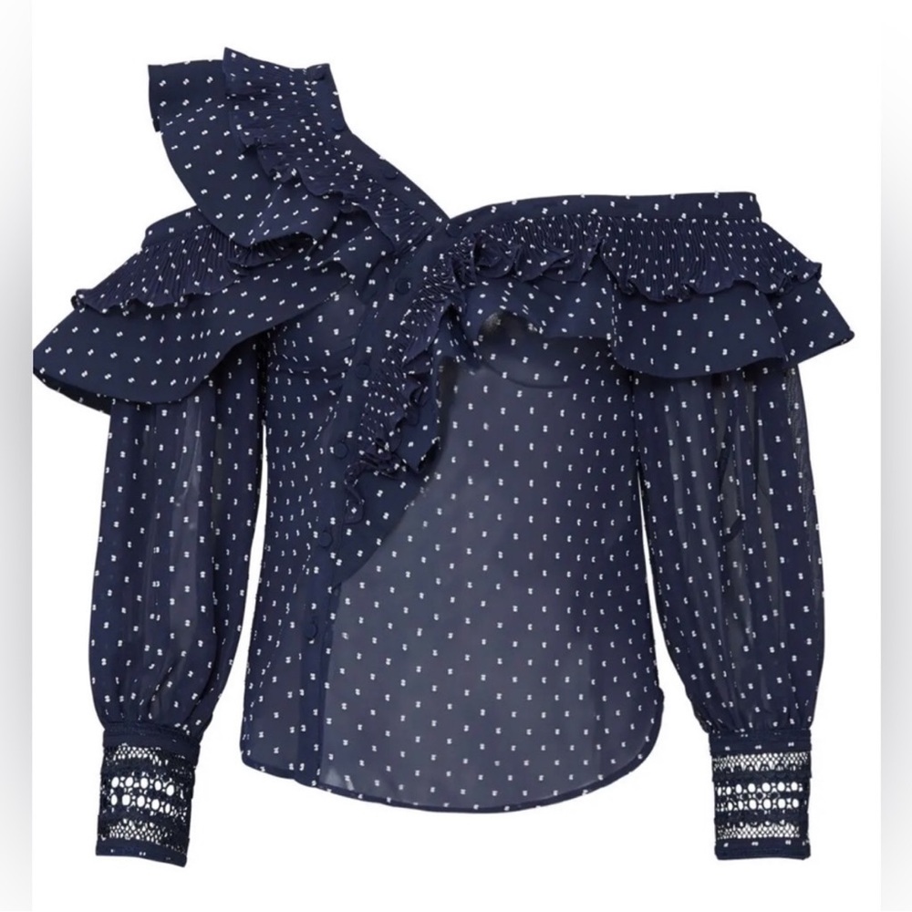 Self-Portrait Plumetis Frill One Shoulder Blouse Navy Blue Polka Dot size 6